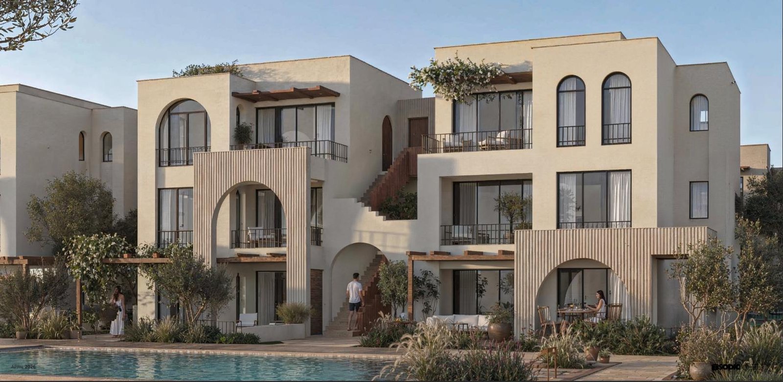 highlighting pedestrian pathways, green courtyards, and premium residential clusters along Egypt’s North Coast.